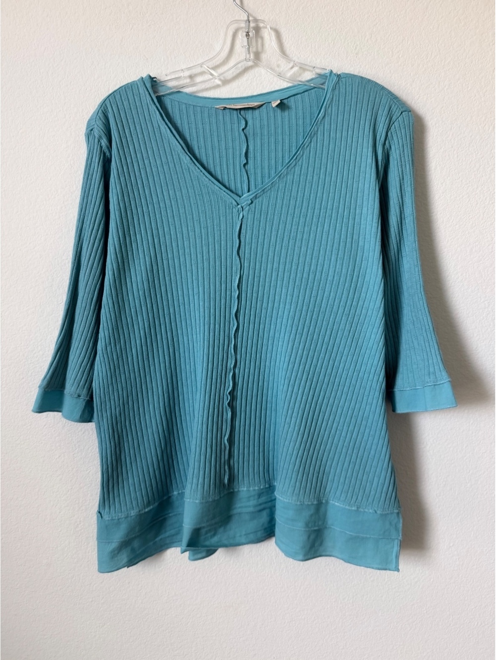 Soft Surroundings 3/4 Sleeve V-Neck Cotton Blue Ribbed Knit Blouse Size L Petite
